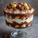 Chocolate trifle dessert in a large clear glass bowl, dramatic visible layers of dark fudgy brownie chunks, glossy chocolate pudding, fluffy white whipped cream, more brownie crumbles, and bright red maraschino cherries on top with chocolate shavings
