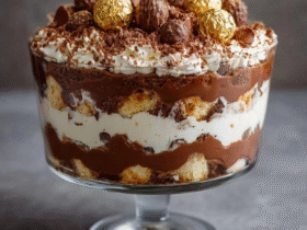 Chocolate trifle dessert in a large clear glass bowl, dramatic visible layers of dark fudgy brownie chunks, glossy chocolate pudding, fluffy white whipped cream, more brownie crumbles, and bright red maraschino cherries on top with chocolate shavings