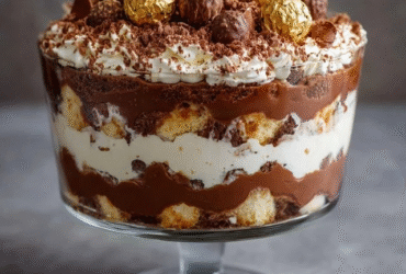 Chocolate trifle dessert in a large clear glass bowl, dramatic visible layers of dark fudgy brownie chunks, glossy chocolate pudding, fluffy white whipped cream, more brownie crumbles, and bright red maraschino cherries on top with chocolate shavings
