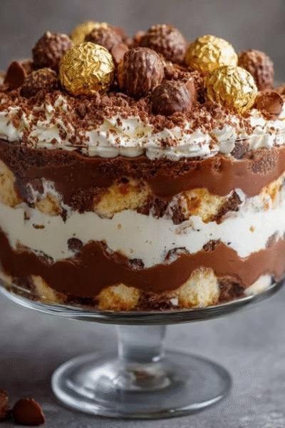 Chocolate trifle dessert in a large clear glass bowl, dramatic visible layers of dark fudgy brownie chunks, glossy chocolate pudding, fluffy white whipped cream, more brownie crumbles, and bright red maraschino cherries on top with chocolate shavings