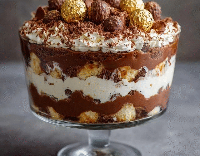 Chocolate trifle dessert in a large clear glass bowl, dramatic visible layers of dark fudgy brownie chunks, glossy chocolate pudding, fluffy white whipped cream, more brownie crumbles, and bright red maraschino cherries on top with chocolate shavings