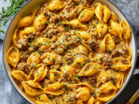 Creamy beef pasta shells in a baking dish, jumbo pasta shells filled with seasoned ground beef and ricotta, smothered in pink tomato-cream sauce, golden bubbly mozzarella top, fresh basil garnish, parmesan grated on top