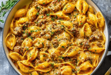 Creamy beef pasta shells in a baking dish, jumbo pasta shells filled with seasoned ground beef and ricotta, smothered in pink tomato-cream sauce, golden bubbly mozzarella top, fresh basil garnish, parmesan grated on top