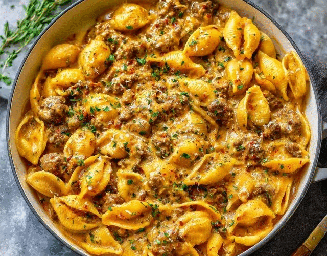 Creamy beef pasta shells in a baking dish, jumbo pasta shells filled with seasoned ground beef and ricotta, smothered in pink tomato-cream sauce, golden bubbly mozzarella top, fresh basil garnish, parmesan grated on top