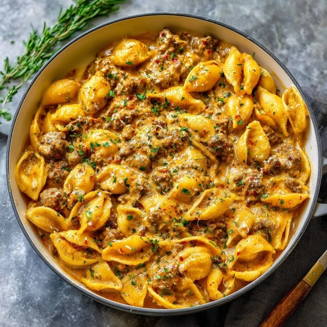 Creamy beef pasta shells in a baking dish, jumbo pasta shells filled with seasoned ground beef and ricotta, smothered in pink tomato-cream sauce, golden bubbly mozzarella top, fresh basil garnish, parmesan grated on top