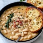 Rosemary garlic white bean soup in a rustic ceramic bowl, creamy cannellini beans, golden olive oil drizzle, fresh rosemary sprig garnish, toasted bread on the side, warm natural light