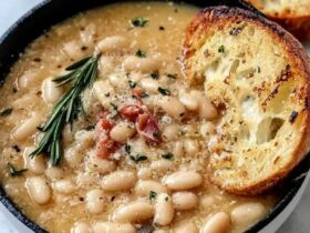 Rosemary garlic white bean soup in a rustic ceramic bowl, creamy cannellini beans, golden olive oil drizzle, fresh rosemary sprig garnish, toasted bread on the side, warm natural light