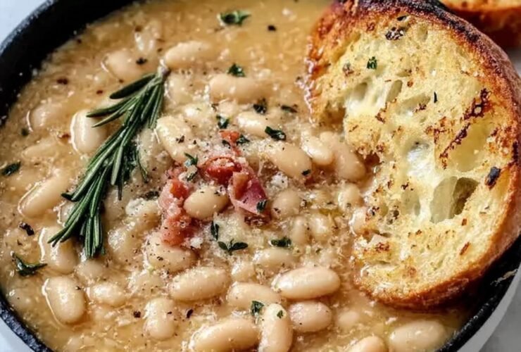 Rosemary garlic white bean soup in a rustic ceramic bowl, creamy cannellini beans, golden olive oil drizzle, fresh rosemary sprig garnish, toasted bread on the side, warm natural light