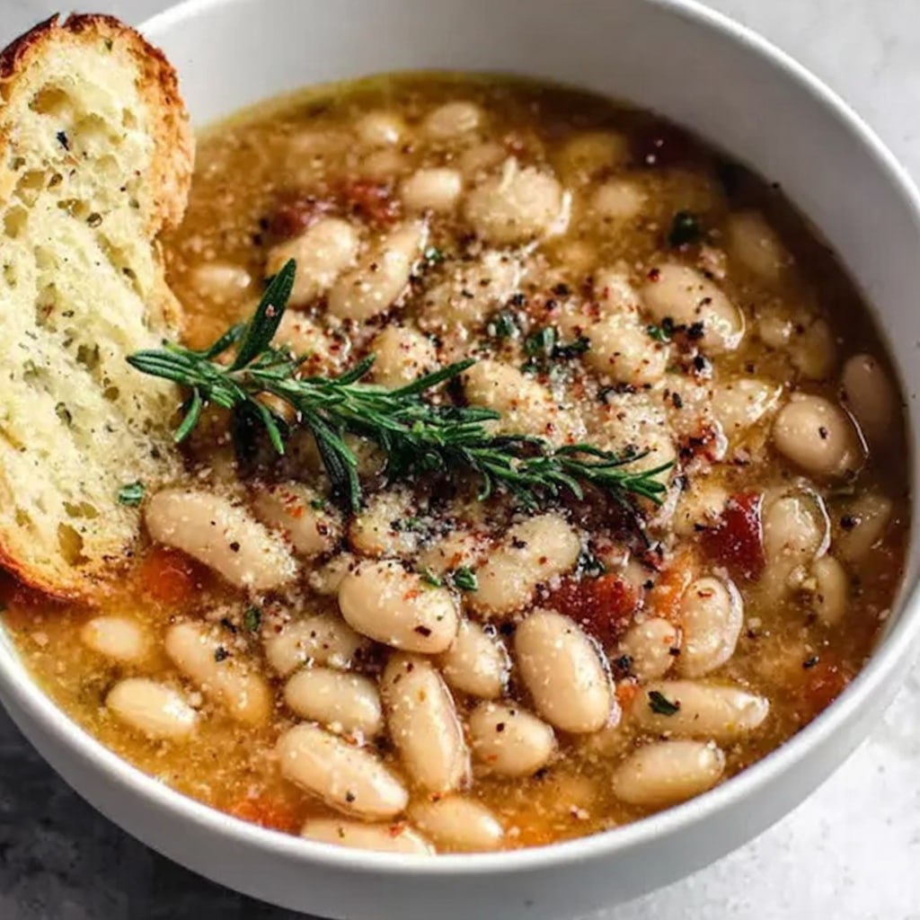 Close-up of white bean soup showing tender cannellini beans, wilted spinach, garlic fragments, glossy olive oil sheen, freshly cracked black pepper on top