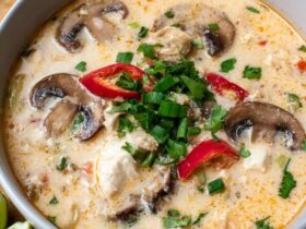 Slow cooker tom kha gai soup in a deep bowl, creamy coconut broth, tender chicken pieces, mushrooms, fresh cilantro and Thai chili, lime wedge on the rim, soft natural light