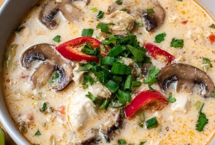 Slow cooker tom kha gai soup in a deep bowl, creamy coconut broth, tender chicken pieces, mushrooms, fresh cilantro and Thai chili, lime wedge on the rim, soft natural light