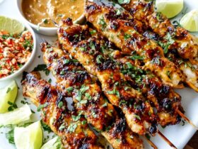 Thai chicken satay skewers fanned out on a black slate platter, golden grill marks, drizzle of peanut sauce, lime wedges, cucumber slices, fresh cilantro garnish, soft restaurant lighting