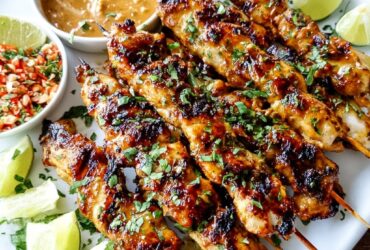 Thai chicken satay skewers fanned out on a black slate platter, golden grill marks, drizzle of peanut sauce, lime wedges, cucumber slices, fresh cilantro garnish, soft restaurant lighting