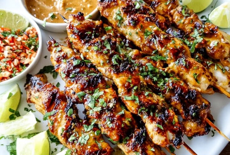 Thai chicken satay skewers fanned out on a black slate platter, golden grill marks, drizzle of peanut sauce, lime wedges, cucumber slices, fresh cilantro garnish, soft restaurant lighting