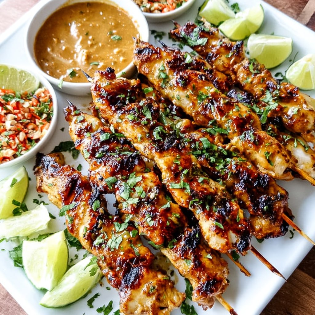 Thai chicken satay skewers fanned out on a black slate platter, golden grill marks, drizzle of peanut sauce, lime wedges, cucumber slices, fresh cilantro garnish, soft restaurant lighting