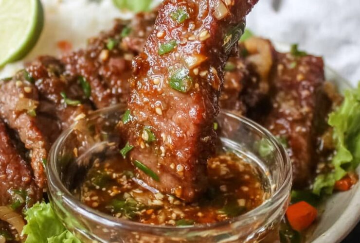 Crying tiger beef sliced on a wooden cutting board, charred edges, deep pink medium-rare interior, served with small bowl of nam jim jaew dipping sauce, fresh cilantro and sticky rice on the side