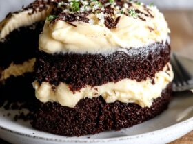 Guinness chocolate cake on a glass cake stand, dark chocolate layers with thick swirls of pale Bailey's buttercream, sprinkle of cocoa powder on top, slice cut showing moist crumb