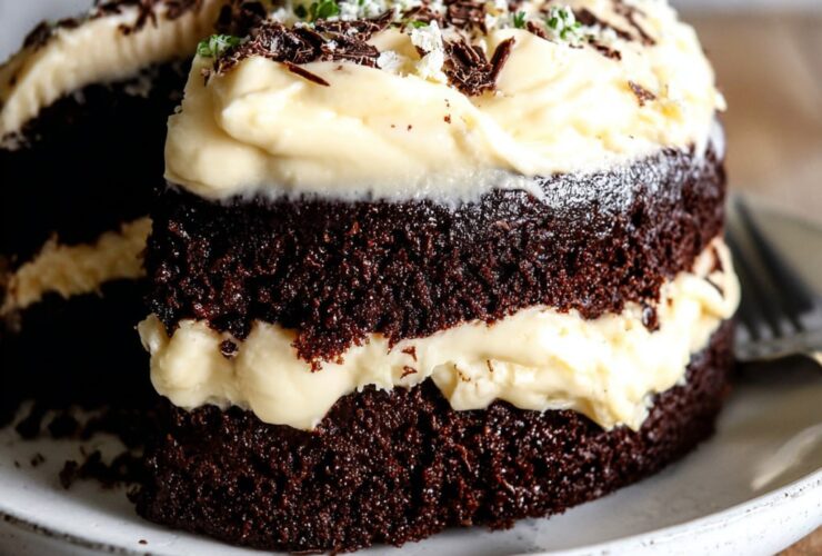 Guinness chocolate cake on a glass cake stand, dark chocolate layers with thick swirls of pale Bailey's buttercream, sprinkle of cocoa powder on top, slice cut showing moist crumb