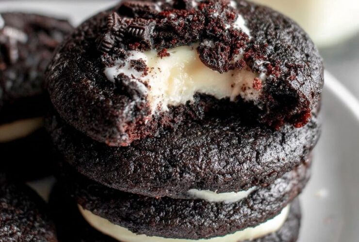 Black velvet cheesecake cookies on a black slate board, jet black cocoa cookies with white cream cheese centers oozing slightly, dramatic moody lighting, perfect for Halloween