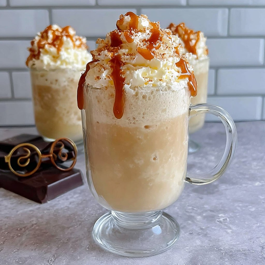 Two tall mugs of frozen butterbeer slush with thick foamy butterscotch whipped topping overflowing, dripping butterscotch drizzle down the sides, magical autumn light, Harry Potter themed
