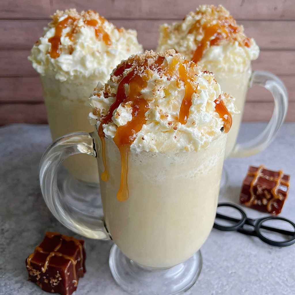 Close-up of frozen butterbeer showing layered slush, golden butterscotch swirls, creamy foamy top with a butterscotch chip on top and a striped straw