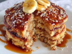 Stack of fluffy oatmeal pancakes on a wooden plate, golden brown edges, pat of butter melting on top, drizzle of maple syrup running down the sides, fresh blueberries scattered around, bright morning light
