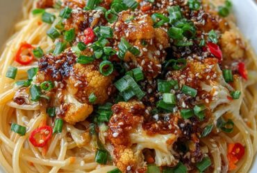 Singapore black pepper cauliflower with spaghetti in a deep bowl, crispy golden cauliflower florets coated in glossy dark pepper sauce, twirled spaghetti, green onion garnish, sesame seeds, moody dramatic lighting