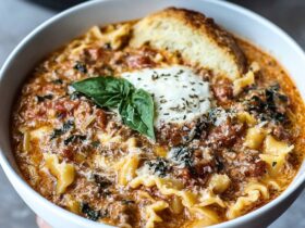 Instant Pot lasagna soup in a wide bowl, ground beef, broken lasagna noodles, marinara red broth, three dollops of ricotta on top with melted mozzarella strings, parmesan and basil garnish