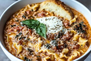Instant Pot lasagna soup in a wide bowl, ground beef, broken lasagna noodles, marinara red broth, three dollops of ricotta on top with melted mozzarella strings, parmesan and basil garnish