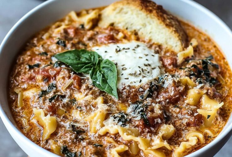 Instant Pot lasagna soup in a wide bowl, ground beef, broken lasagna noodles, marinara red broth, three dollops of ricotta on top with melted mozzarella strings, parmesan and basil garnish