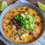Creamy chicken enchilada soup in a black bowl, deep orange-red broth, shredded chicken, black beans, corn, melted cheese, topped with crispy tortilla strips, avocado, cilantro, lime wedge, sour cream dollop