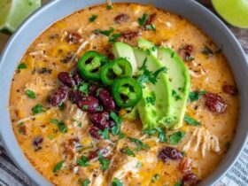 Creamy chicken enchilada soup in a black bowl, deep orange-red broth, shredded chicken, black beans, corn, melted cheese, topped with crispy tortilla strips, avocado, cilantro, lime wedge, sour cream dollop
