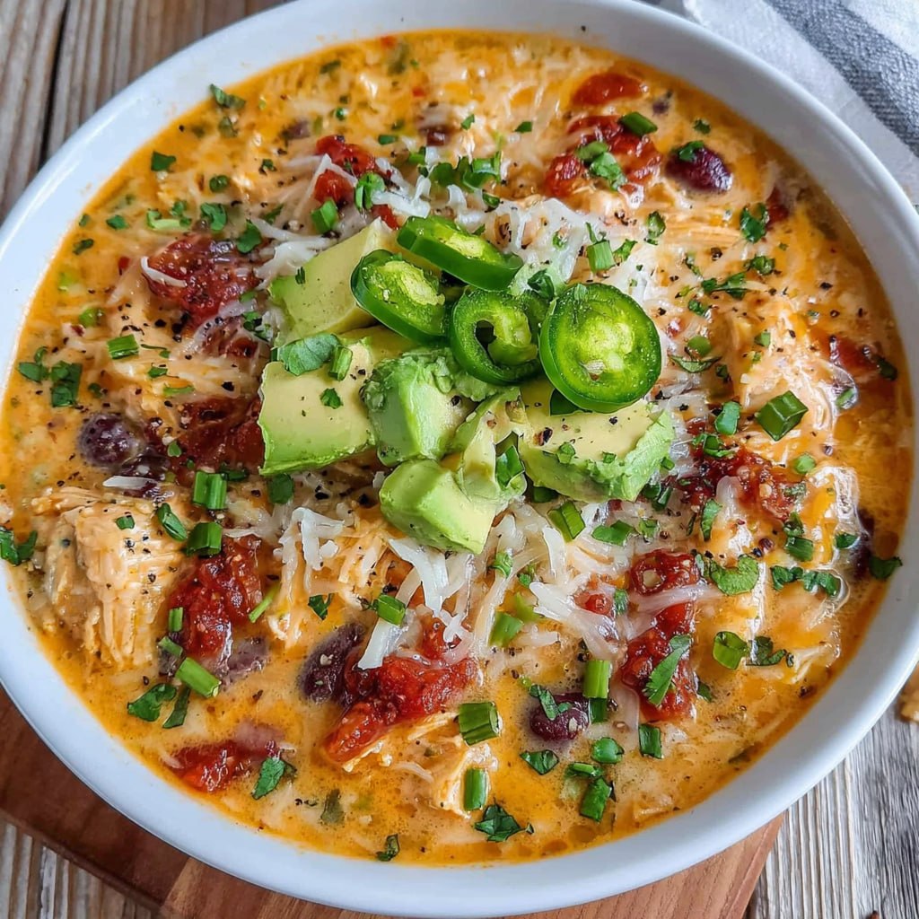 Close-up overhead of chicken enchilada soup showing layered toppings — crispy tortilla strips, avocado cubes, fresh cilantro, melted cheese, queso fresco crumbles