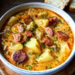 Spanish potato soup with chorizo in a rustic terracotta bowl, deep red-orange broth from smoked paprika, chunks of golden potato, sliced chorizo coins floating on top, fresh parsley garnish, crusty bread on the side