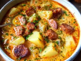 Spanish potato soup with chorizo in a rustic terracotta bowl, deep red-orange broth from smoked paprika, chunks of golden potato, sliced chorizo coins floating on top, fresh parsley garnish, crusty bread on the side