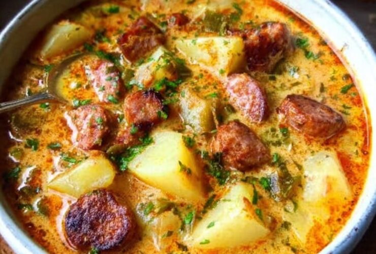 Spanish potato soup with chorizo in a rustic terracotta bowl, deep red-orange broth from smoked paprika, chunks of golden potato, sliced chorizo coins floating on top, fresh parsley garnish, crusty bread on the side
