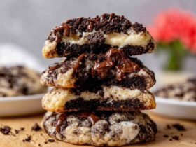 Oreo cheesecake cookies stacked on a marble surface, golden cookies studded with chunks of Oreo, broken-open top cookie revealing creamy white cheesecake center, crumbs around them