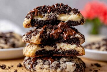 Oreo cheesecake cookies stacked on a marble surface, golden cookies studded with chunks of Oreo, broken-open top cookie revealing creamy white cheesecake center, crumbs around them