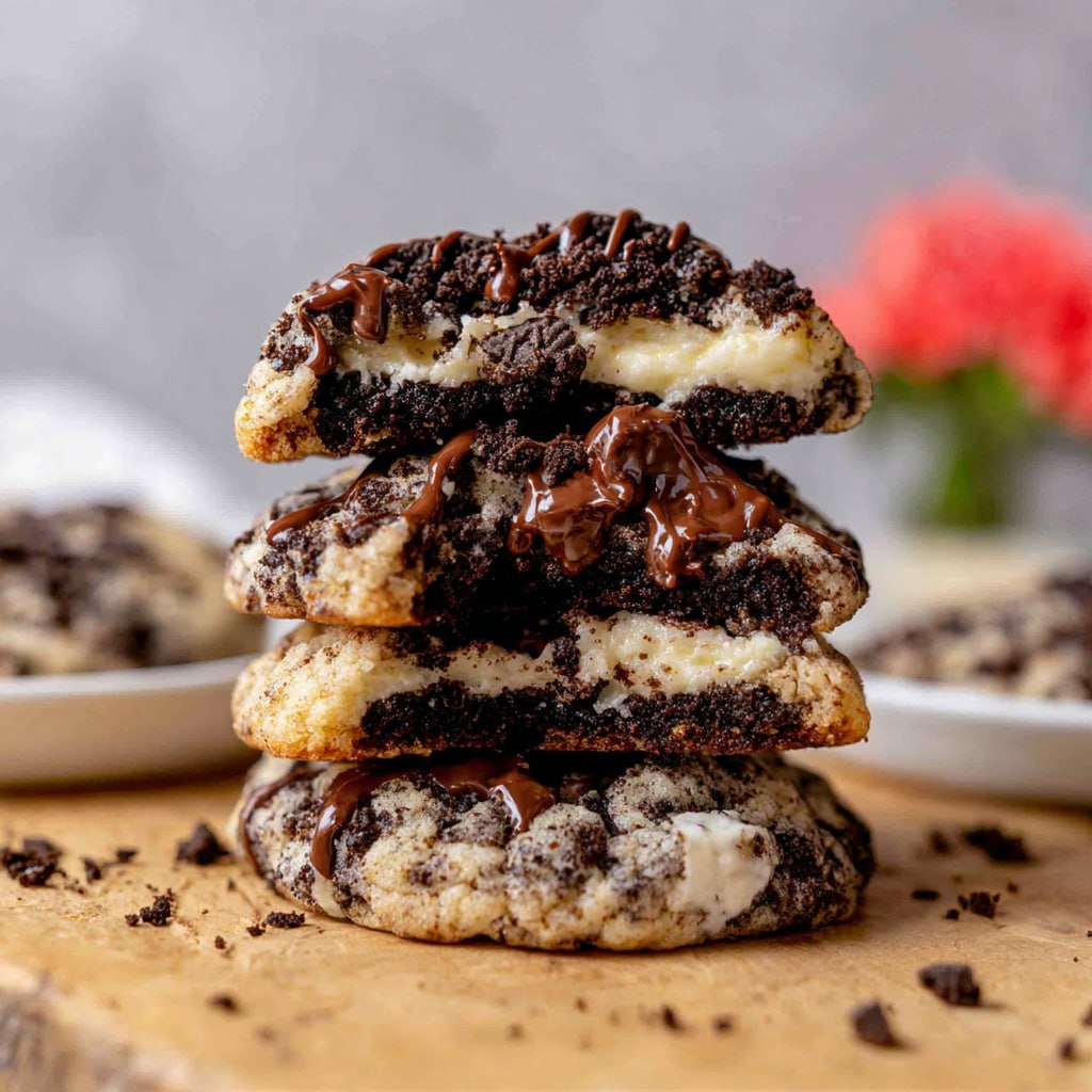 Oreo cheesecake cookies stacked on a marble surface, golden cookies studded with chunks of Oreo, broken-open top cookie revealing creamy white cheesecake center, crumbs around them