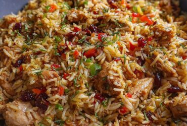 Turkey combo rice in a deep cast iron skillet, fluffy seasoned rice with ground turkey, diced bell peppers, corn, black beans, sprinkled with green onion and shredded cheese, fork lifting a bite