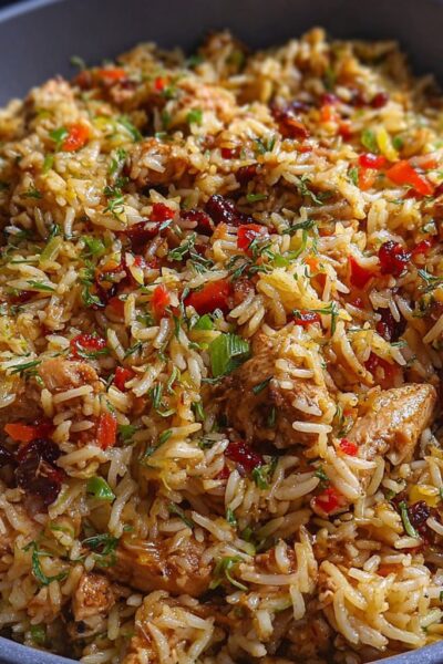 Turkey combo rice in a deep cast iron skillet, fluffy seasoned rice with ground turkey, diced bell peppers, corn, black beans, sprinkled with green onion and shredded cheese, fork lifting a bite