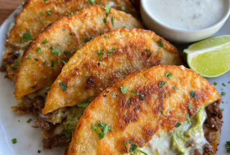 Crispy ground beef tacos lined up on a wooden board, golden crunchy taco shells filled with seasoned ground beef, shredded lettuce, diced tomato, cheddar cheese, dollop of sour cream, lime wedges and pickled jalapeños on the side