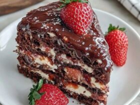 Chocolate strawberry layer cake on a cake stand with three dark chocolate sponge layers, whipped cream frosting between each tier, fresh halved strawberries decorating the top, ganache drip down the sides, slice cut to reveal layers
