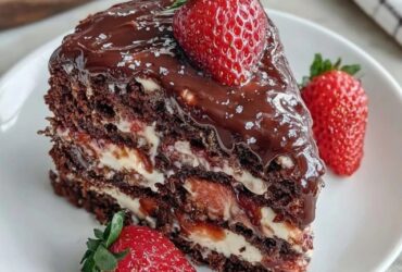 Chocolate strawberry layer cake on a cake stand with three dark chocolate sponge layers, whipped cream frosting between each tier, fresh halved strawberries decorating the top, ganache drip down the sides, slice cut to reveal layers
