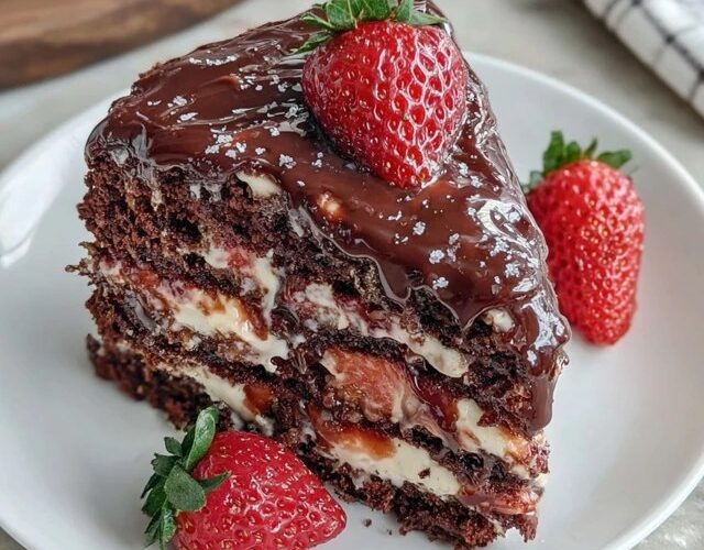 Chocolate strawberry layer cake on a cake stand with three dark chocolate sponge layers, whipped cream frosting between each tier, fresh halved strawberries decorating the top, ganache drip down the sides, slice cut to reveal layers