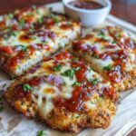 Cheesy garlic bread pizza on a wooden board, golden crispy french bread base loaded with melted mozzarella, parmesan, cheddar, fresh basil and a sprinkle of red pepper flakes, cheese pull when slice is lifted