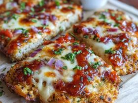 Cheesy garlic bread pizza on a wooden board, golden crispy french bread base loaded with melted mozzarella, parmesan, cheddar, fresh basil and a sprinkle of red pepper flakes, cheese pull when slice is lifted