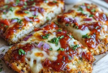 Cheesy garlic bread pizza on a wooden board, golden crispy french bread base loaded with melted mozzarella, parmesan, cheddar, fresh basil and a sprinkle of red pepper flakes, cheese pull when slice is lifted
