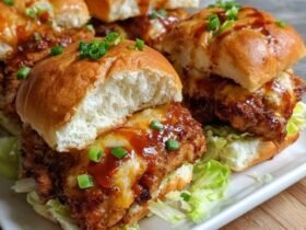 Fried chicken sliders arranged on a serving tray, golden crispy chicken on sweet Hawaiian rolls, pickles, mayo, lettuce, dripping honey hot sauce, multiple sliders side-by-side