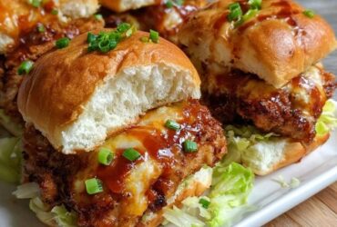 Fried chicken sliders arranged on a serving tray, golden crispy chicken on sweet Hawaiian rolls, pickles, mayo, lettuce, dripping honey hot sauce, multiple sliders side-by-side